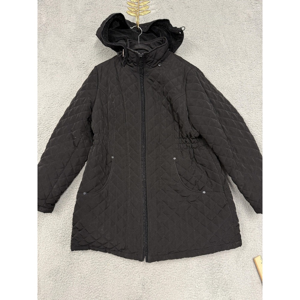 St. John's Bay Jacket Womens 1X Black Quilted Hooded Faux Fur Lined‎ Zip Pockets